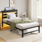 Twin Platform Bed Frame with USB, LED & Headboard, Black